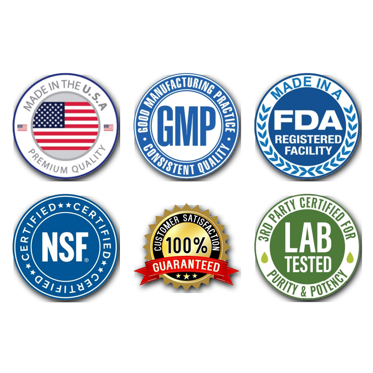 For Fathers Fitness supplement trust badges – Made in the USA, GMP, FDA registered facility, NSF certified, 3rd-party lab tested, 100% satisfaction guaranteed