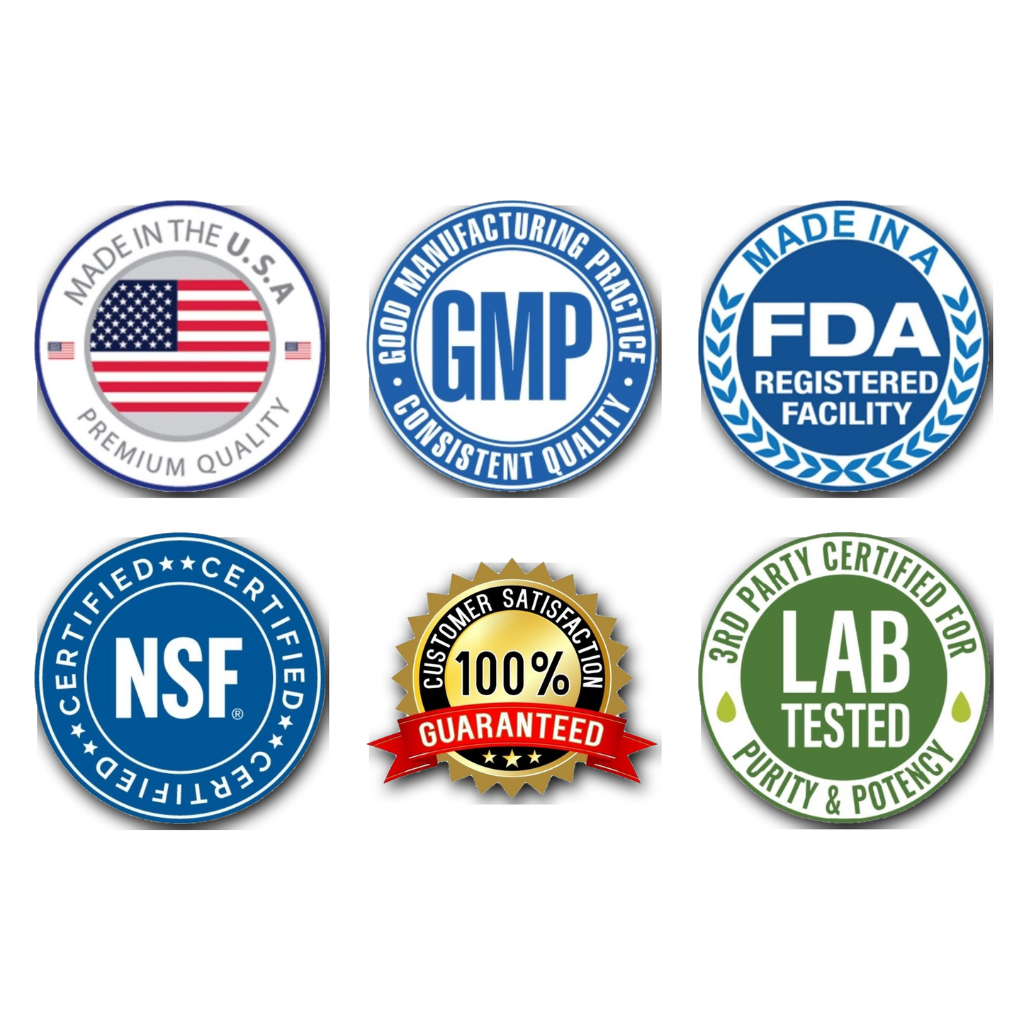 For Fathers Fitness supplement trust badges – Made in the USA, GMP, FDA registered facility, NSF certified, 3rd-party lab tested, 100% satisfaction guaranteed