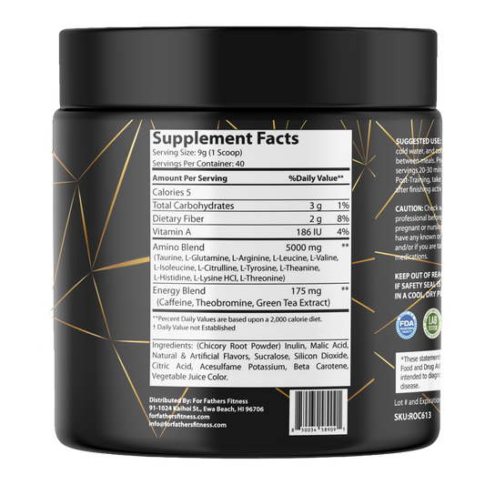 For Fathers Fitness amino energized peach mango flavor label