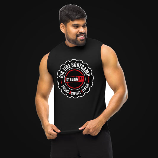 Big Tire Bootcamp STRONG AF Muscle Shirt on dark