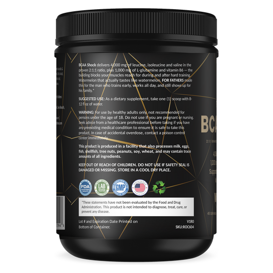 BCAA Shock Watermelon 45 servings – left label panel – For Fathers Fitness