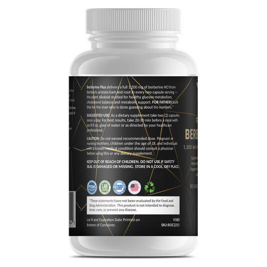 Berberine Plus 1,200 mg 60 capsules – left label panel – For Fathers Fitness