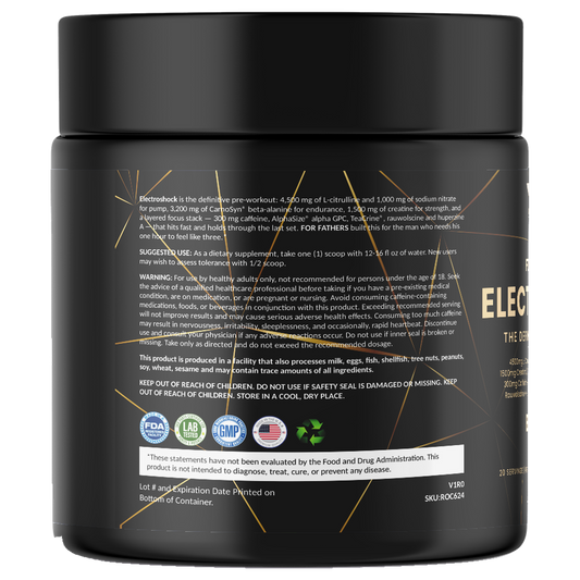 Electroshock Pre-Workout Blue Razz 20 servings – left label panel – For Fathers Fitness