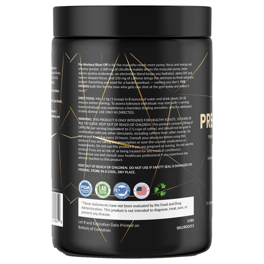 Pre-Workout Blast Off 25 servings – left label panel – For Fathers Fitness