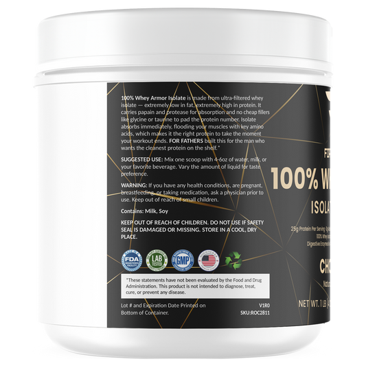 100% Whey Armor Isolate Protein Chocolate 1 lb – left label panel – For Fathers Fitness