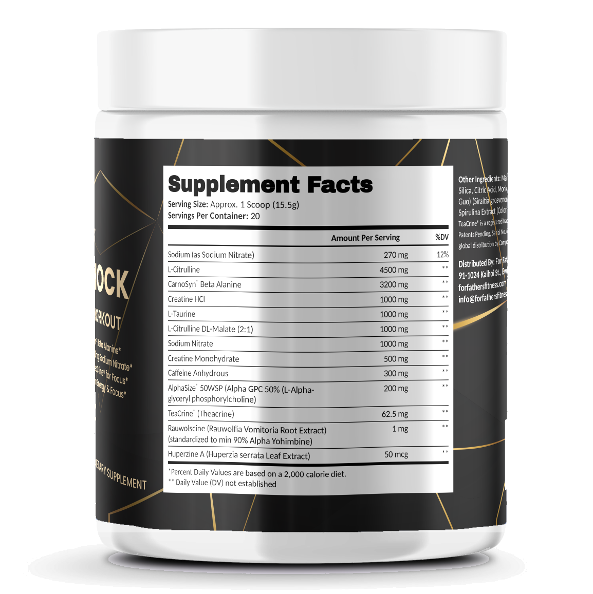 Electroshock Pre-Workout – Blue Razz – For Fathers Fitness – right side – Supplement Facts