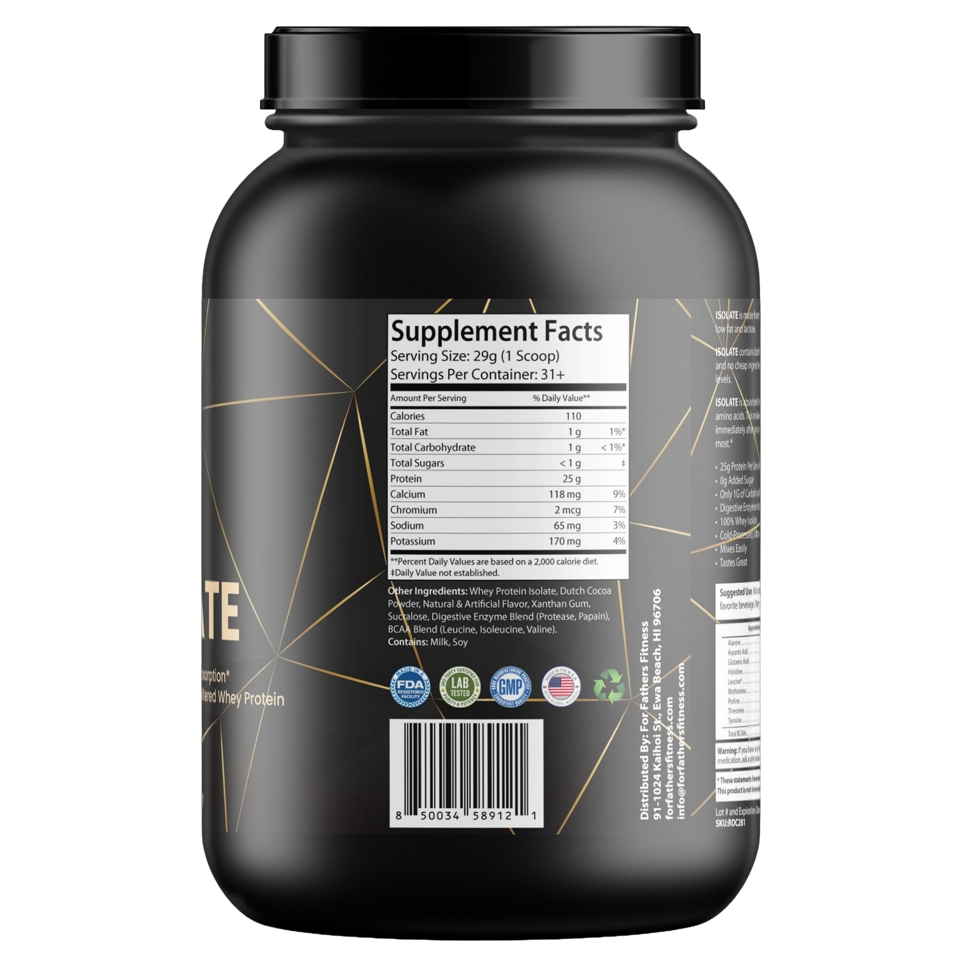 For Fathers Fitness 2lb whey isolate chocolate label