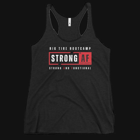 STRONG AF women's Coach racerback tank, vintage black, front