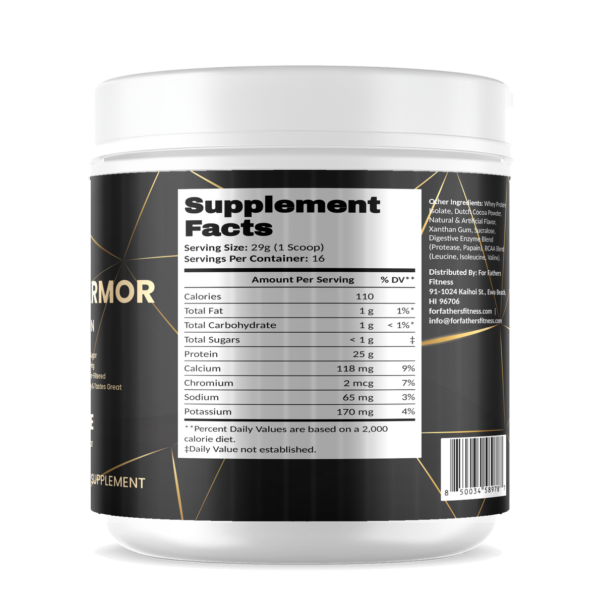 100% Whey Armor Isolate – Chocolate – For Fathers Fitness – right side – Supplement Facts