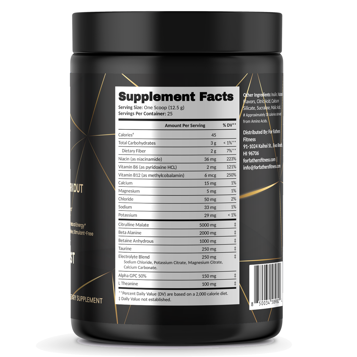 Pump Non-Stim Pre-Workout – Cherry Blast – For Fathers Fitness – right side – Supplement Facts