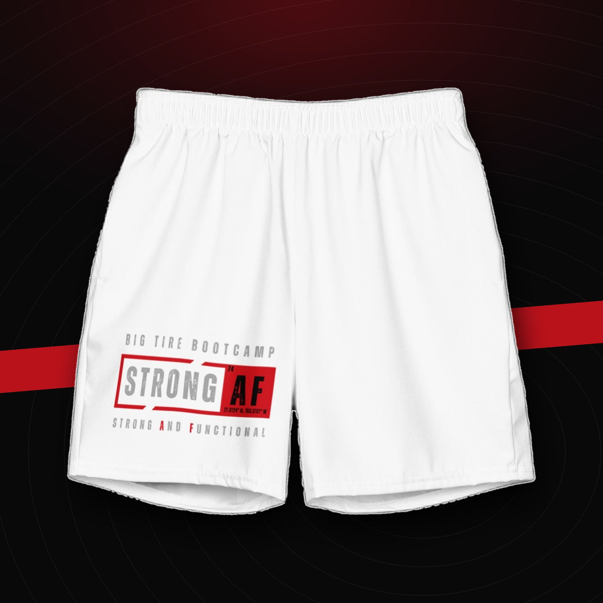 bg2|39116049416388|STRONG AF Men's Swim Trunks on dark