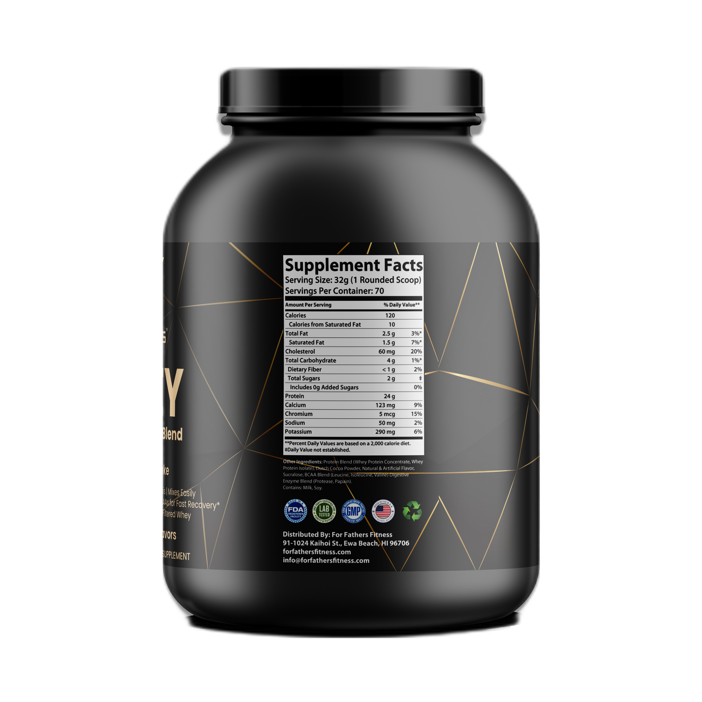 For Fathers Fitness 5lb whey protein chocolate milkshake label