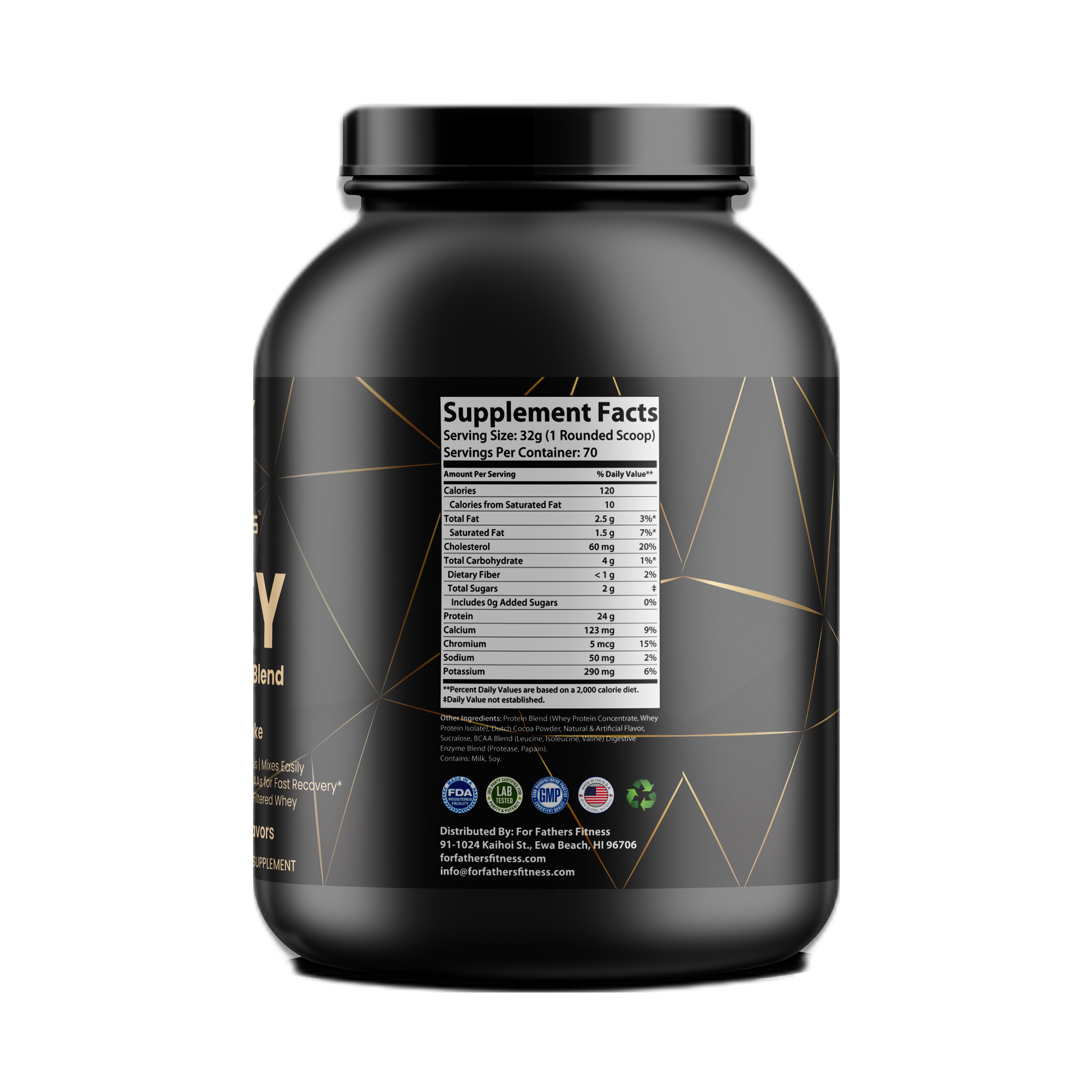 For Fathers Fitness 5lb whey protein chocolate milkshake label