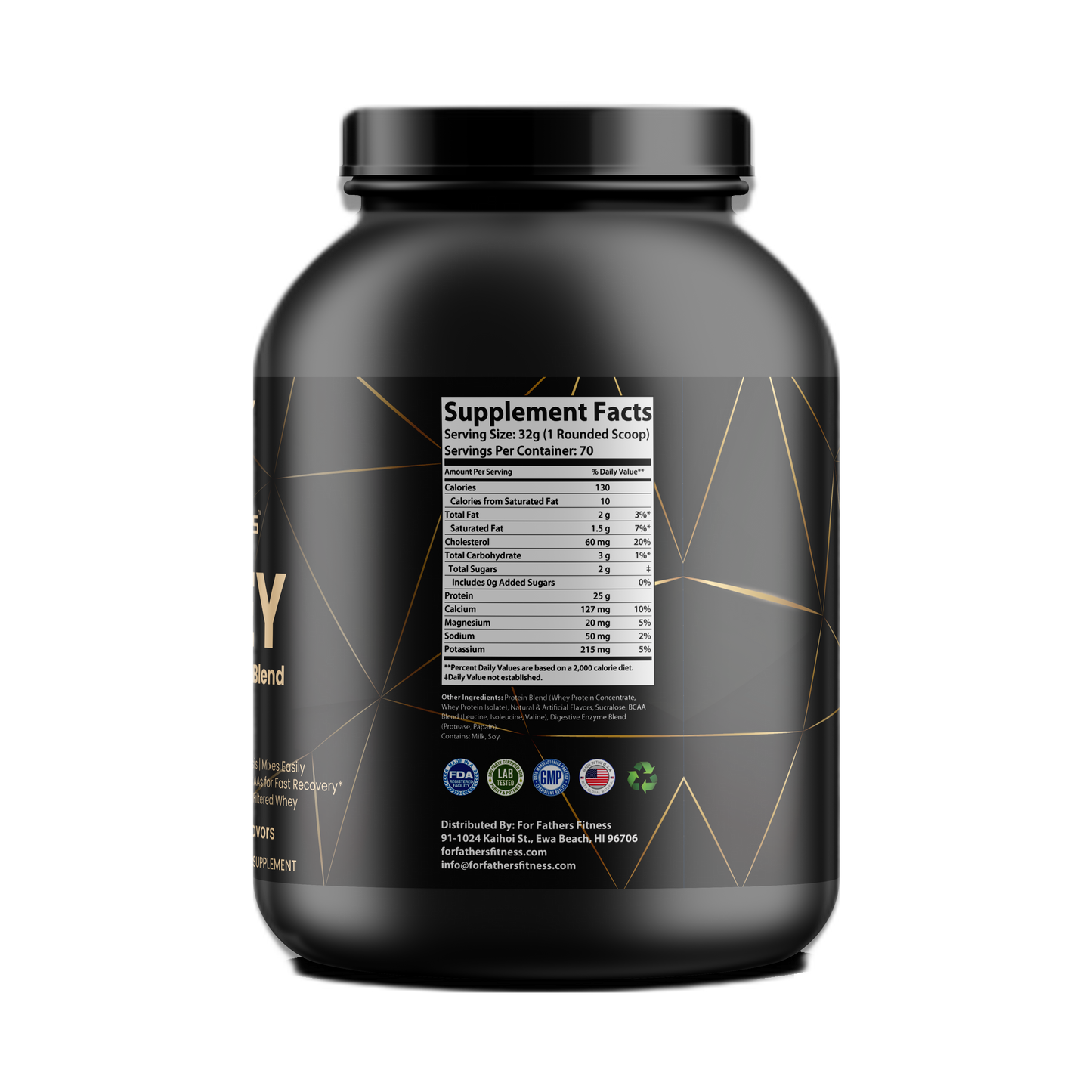 For Fathers Fitness 5lb whey protein vanilla milkshake label