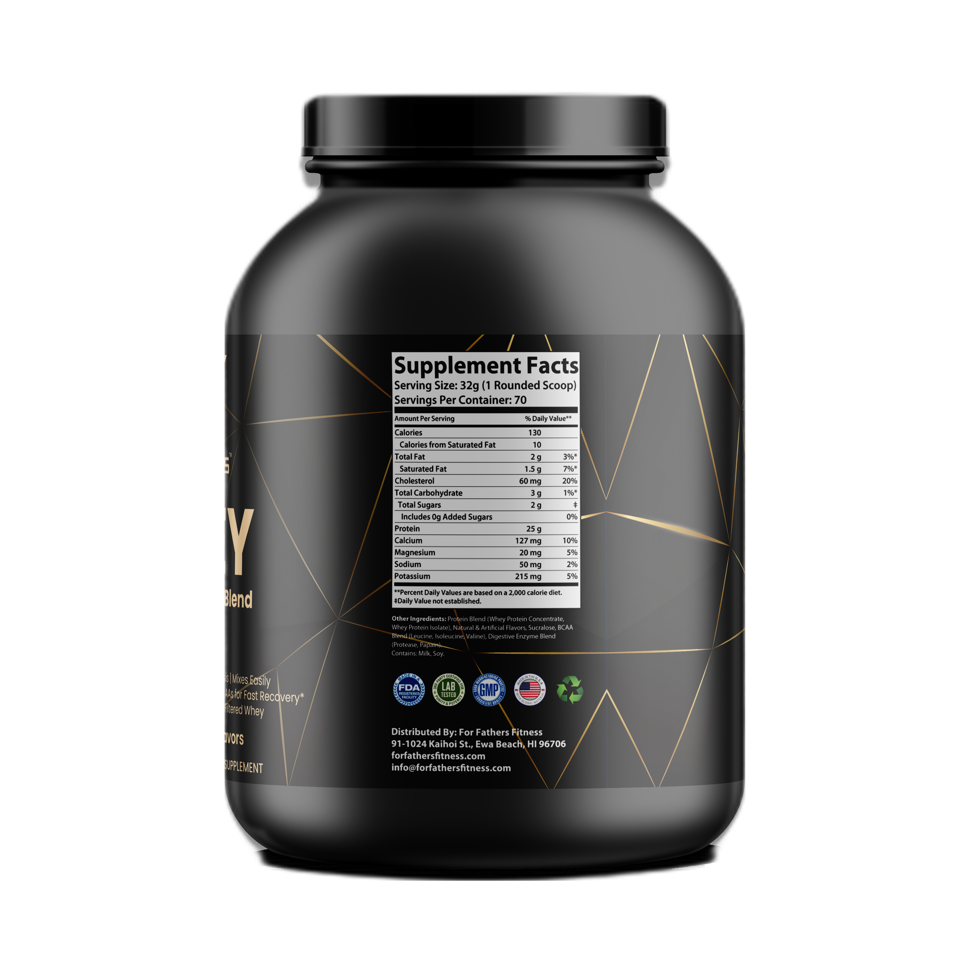 For Fathers Fitness 5lb whey protein vanilla milkshake label
