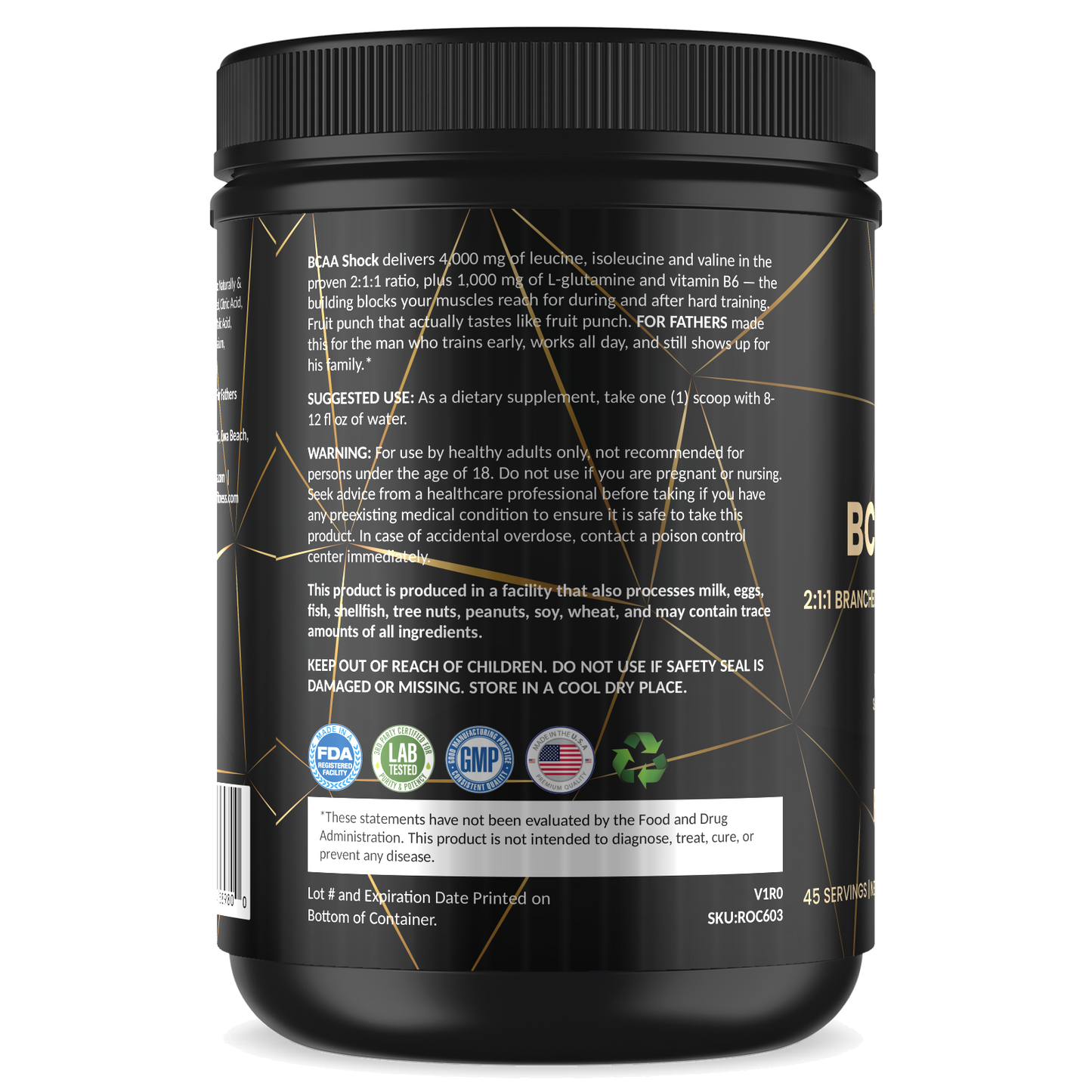 BCAA Shock – Fruit Punch – For Fathers Fitness – left side – directions