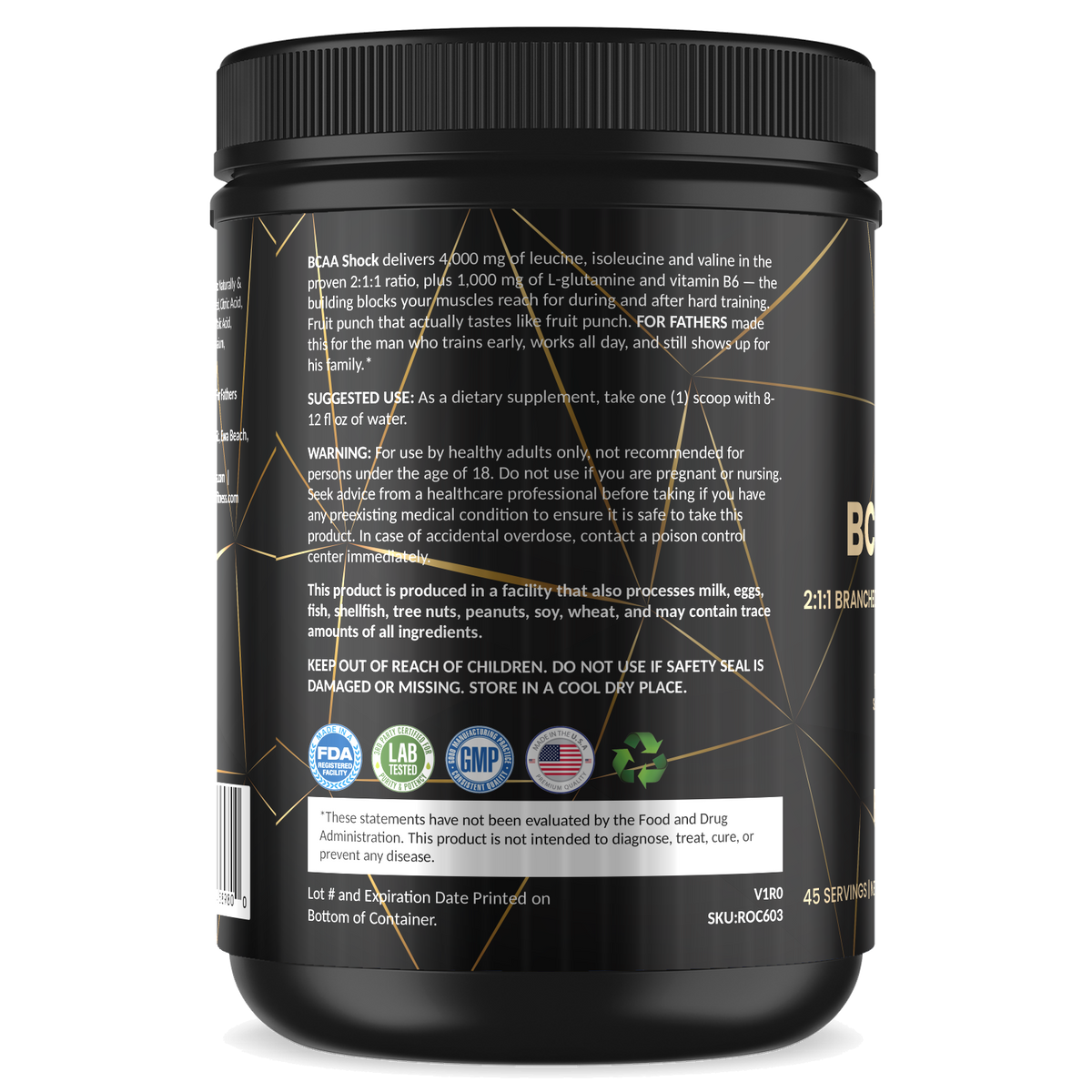 BCAA Shock – Fruit Punch – For Fathers Fitness – left side – directions