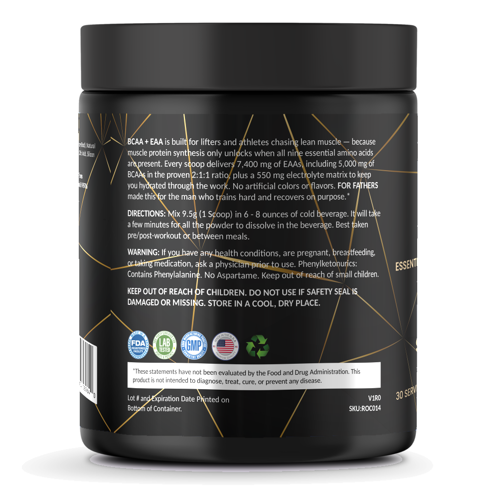 BCAA + EAA – Strawberry Candy – For Fathers Fitness – left side – directions