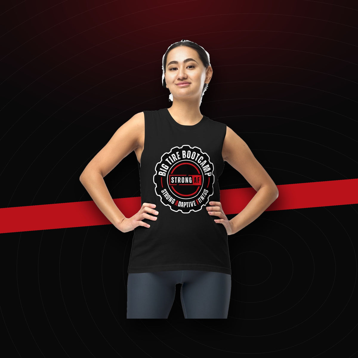 bg2|39114228007108|Big Tire Bootcamp STRONG AF Muscle Shirt on dark