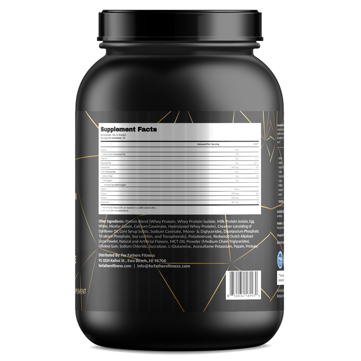 Essential Meal Replacement Protein – Chocolate Milkshake – For Fathers Fitness – right side – Supplement Facts