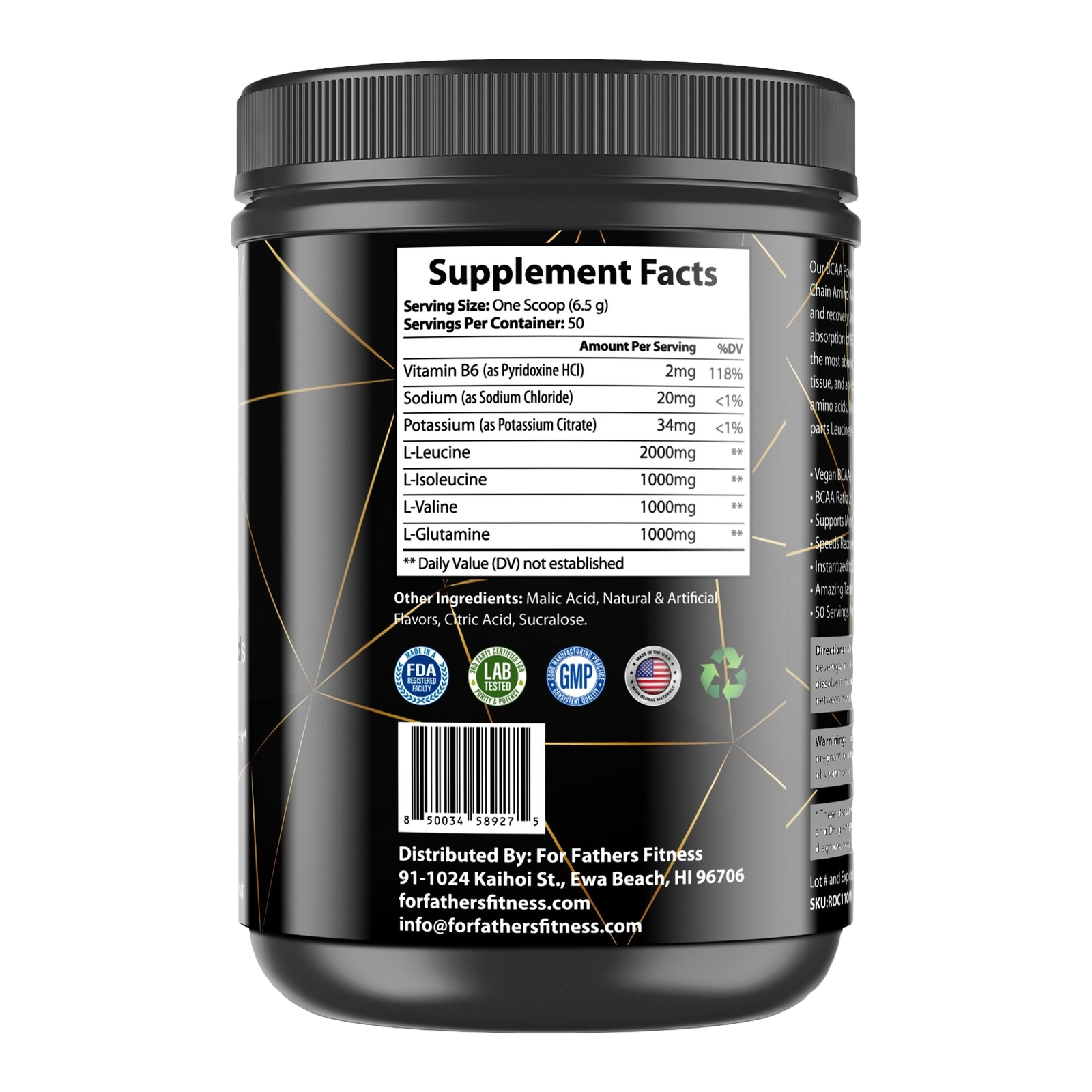 For Fathers Fitness bcaa supplement with lemon lime flavor label