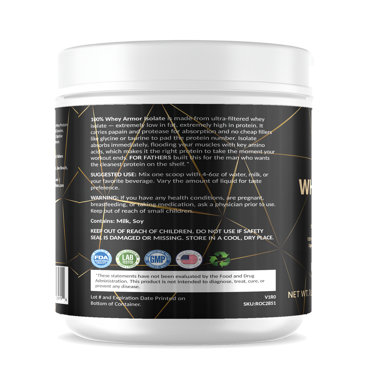 Whey Armor Isolate – Unflavored – For Fathers Fitness – left side – directions