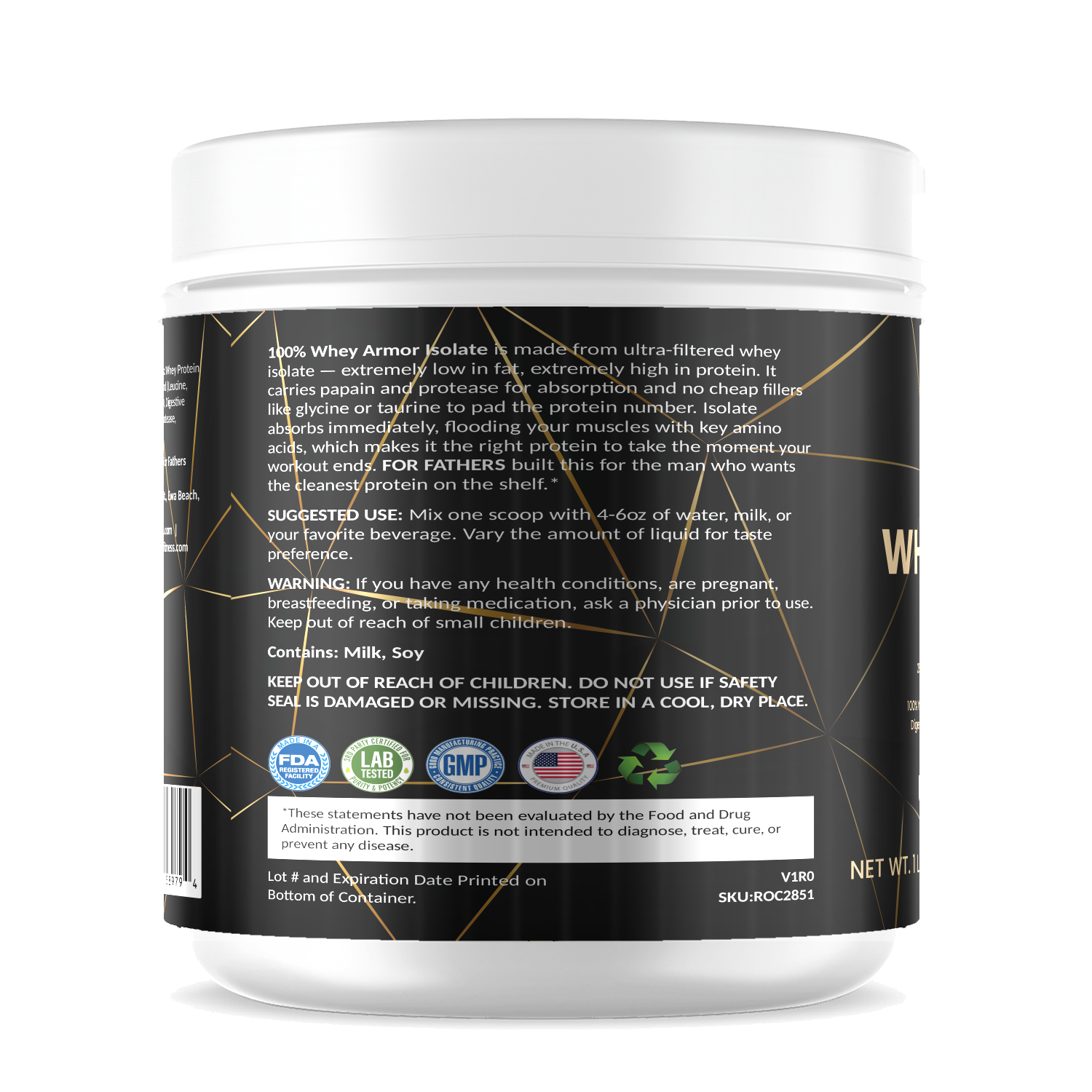 Whey Armor Isolate – Unflavored – For Fathers Fitness – left side – directions
