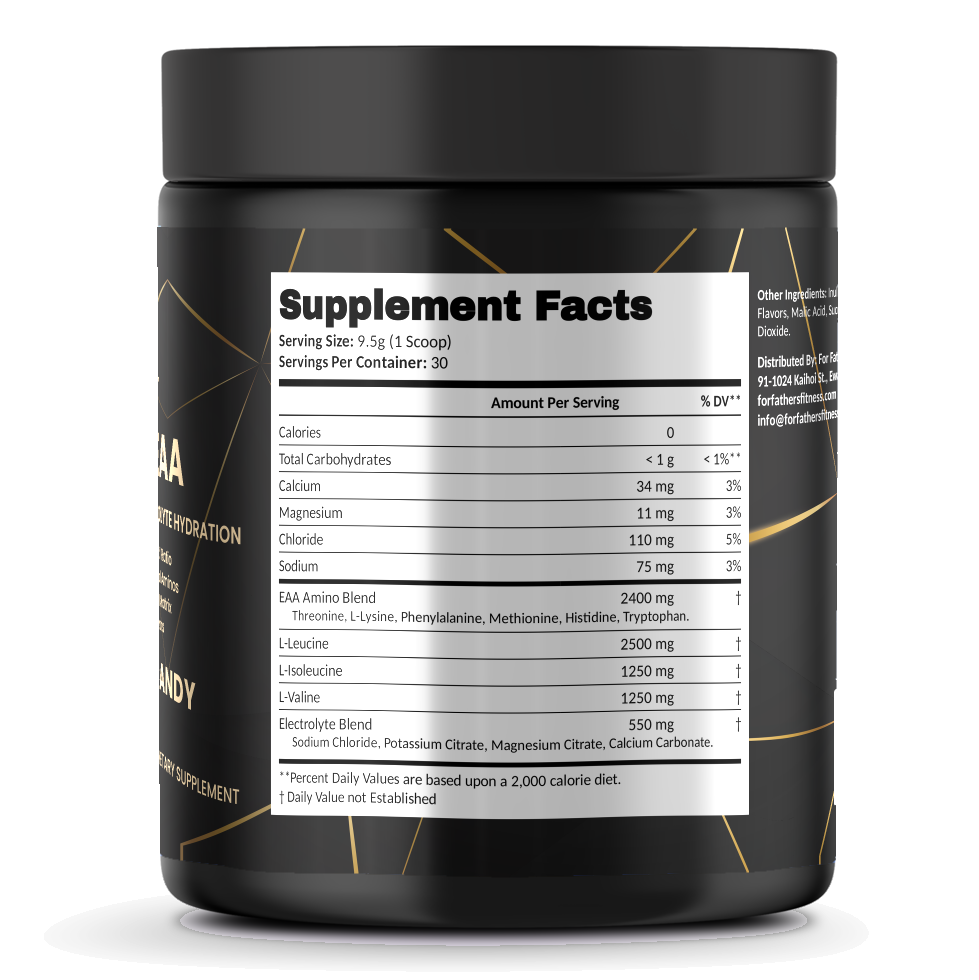 BCAA + EAA – Strawberry Candy – For Fathers Fitness – right side – Supplement Facts