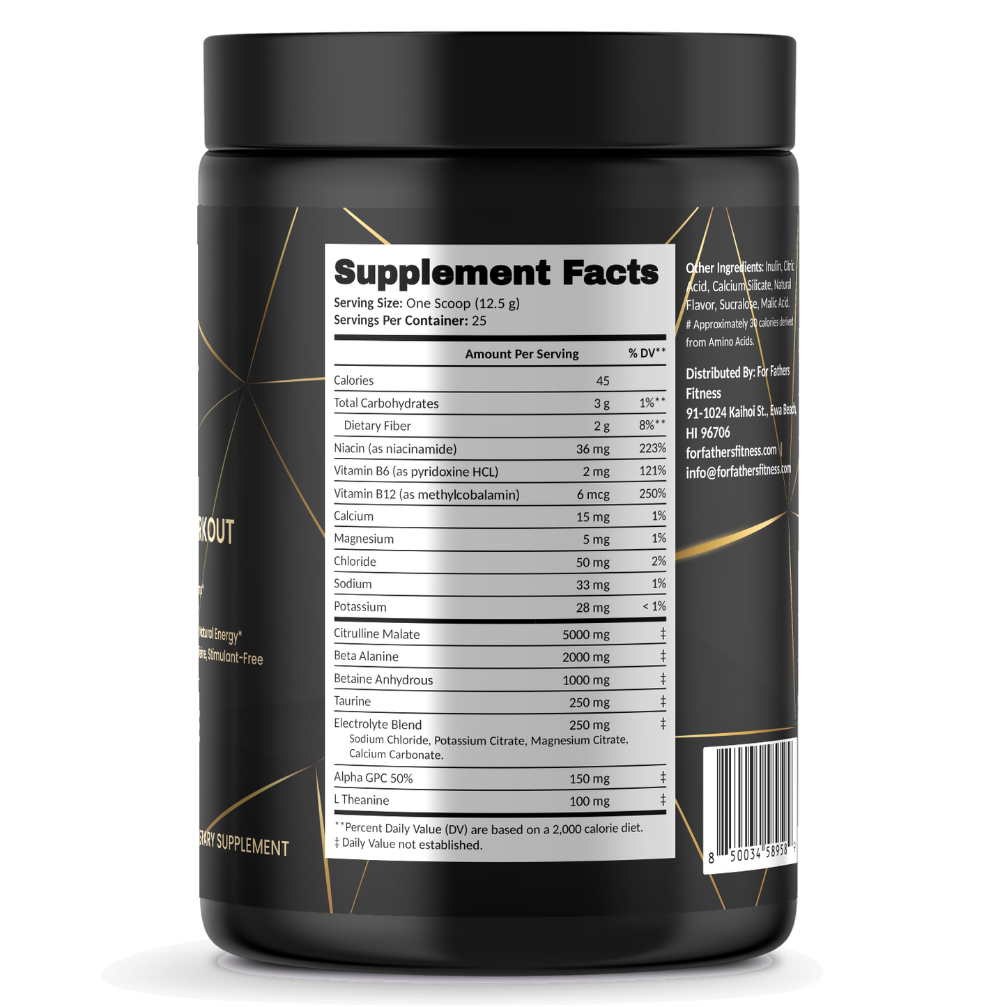Pump Non-Stim Pre-Workout – Pineapple – For Fathers Fitness – right side – Supplement Facts