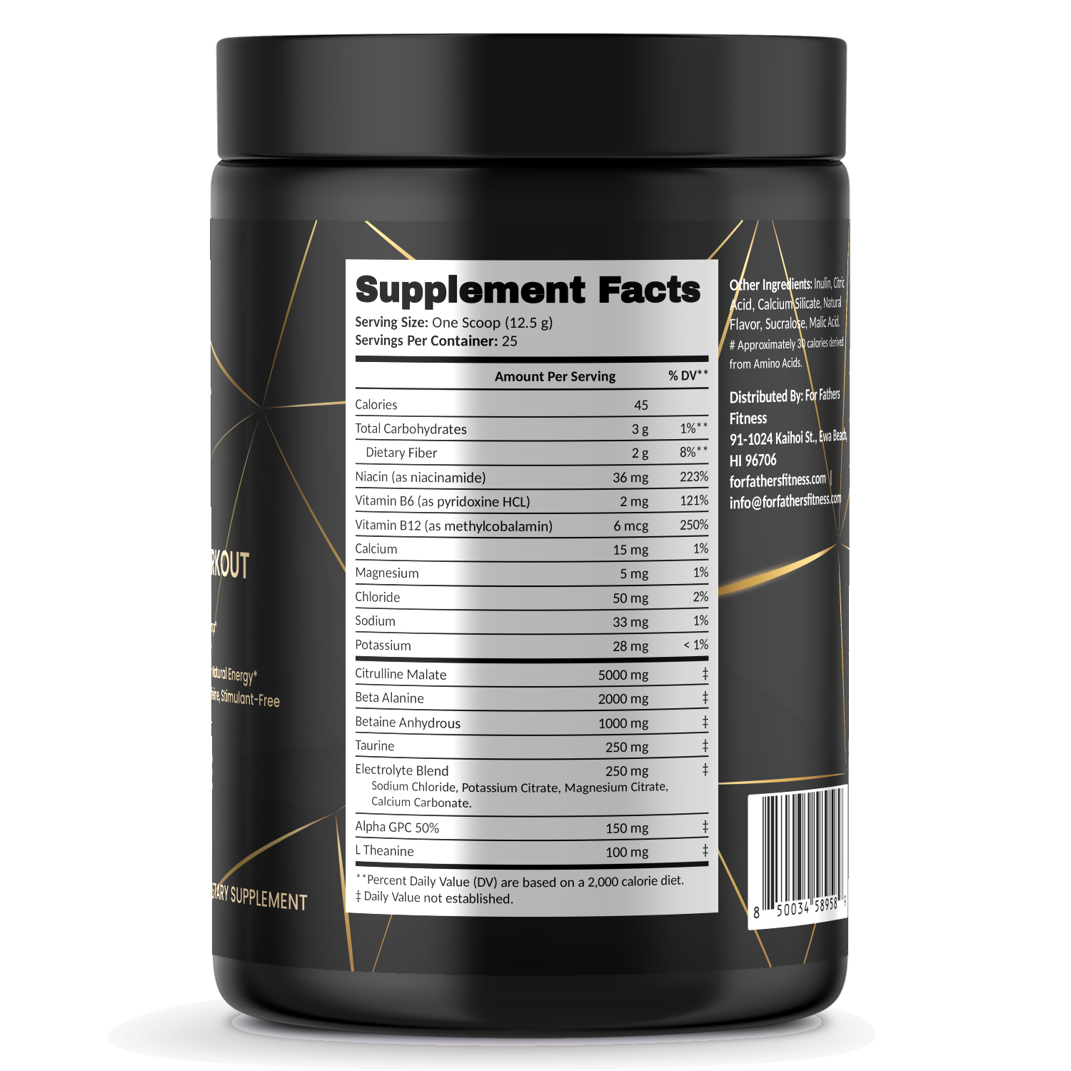 Pump Non-Stim Pre-Workout – Pineapple – For Fathers Fitness – right side – Supplement Facts