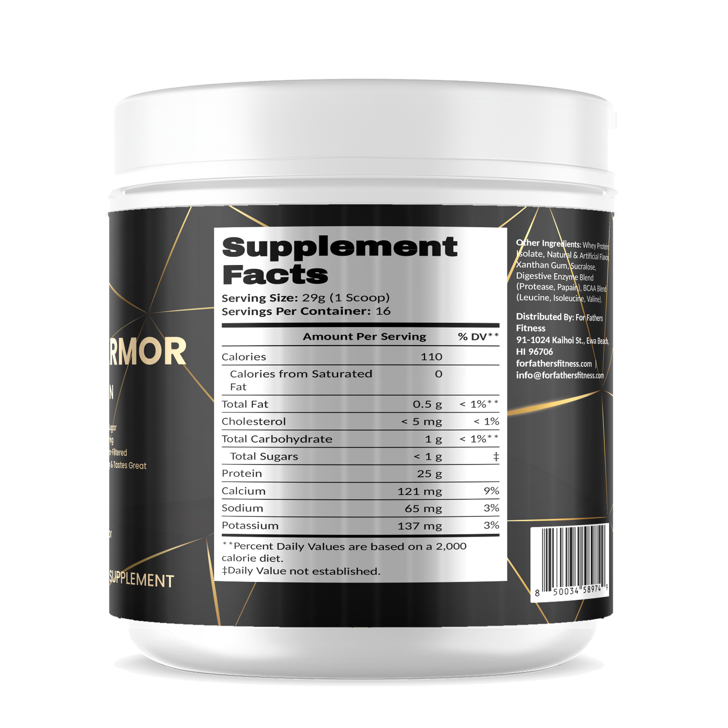 100% Whey Armor Isolate – Vanilla – For Fathers Fitness – right side – Supplement Facts