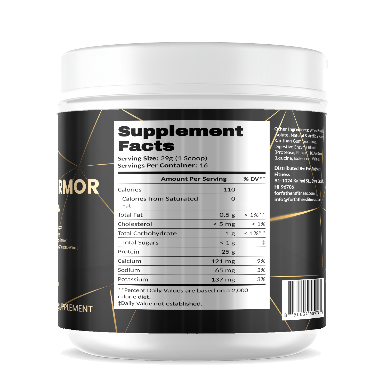 100% Whey Armor Isolate – Vanilla – For Fathers Fitness – right side – Supplement Facts