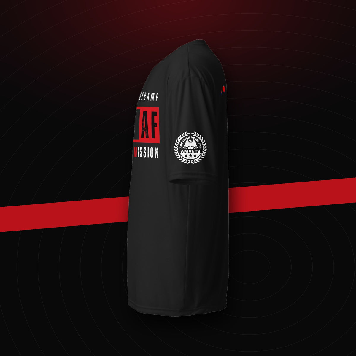 FAST AF – 100 Miles. One Mission. shirt, left side with the AMVETS sleeve emblem