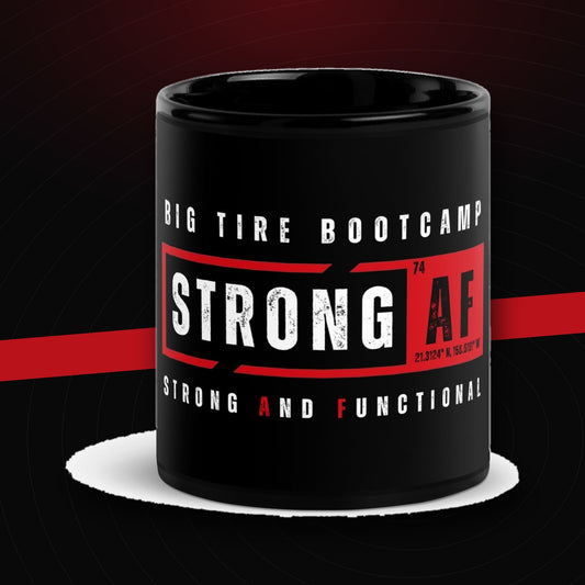bg2|39114227253444|STRONG AF Black Glossy Ceramic Mug on dark
