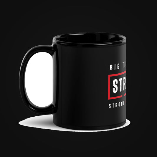 STRONG AF Black Glossy Ceramic Mug on dark