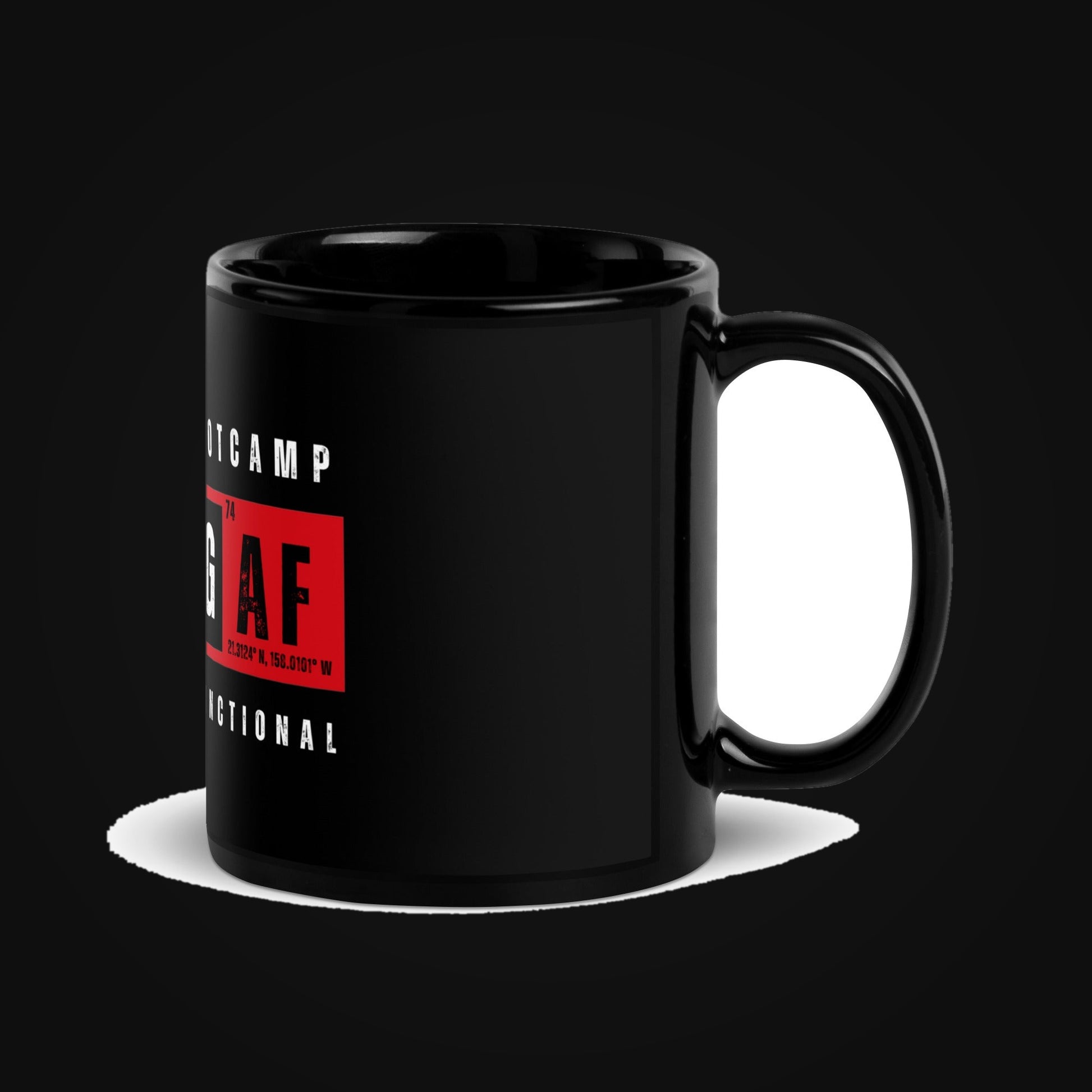 STRONG AF Black Glossy Ceramic Mug on dark
