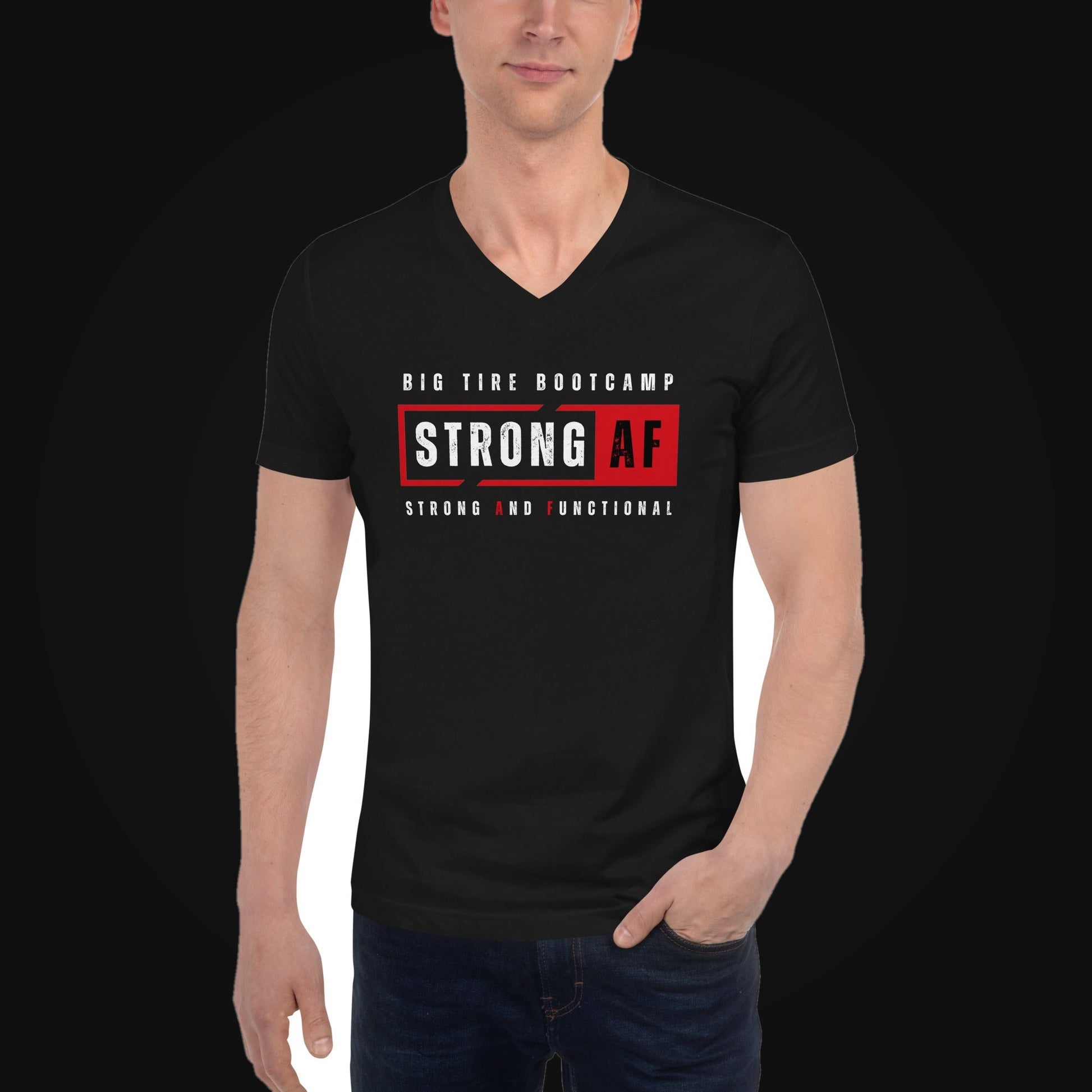 Strong AF Unisex V-Neck Coach Tee on dark