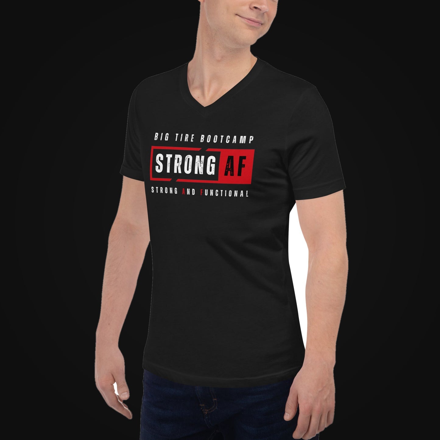 Strong AF Unisex V-Neck Coach Tee on dark