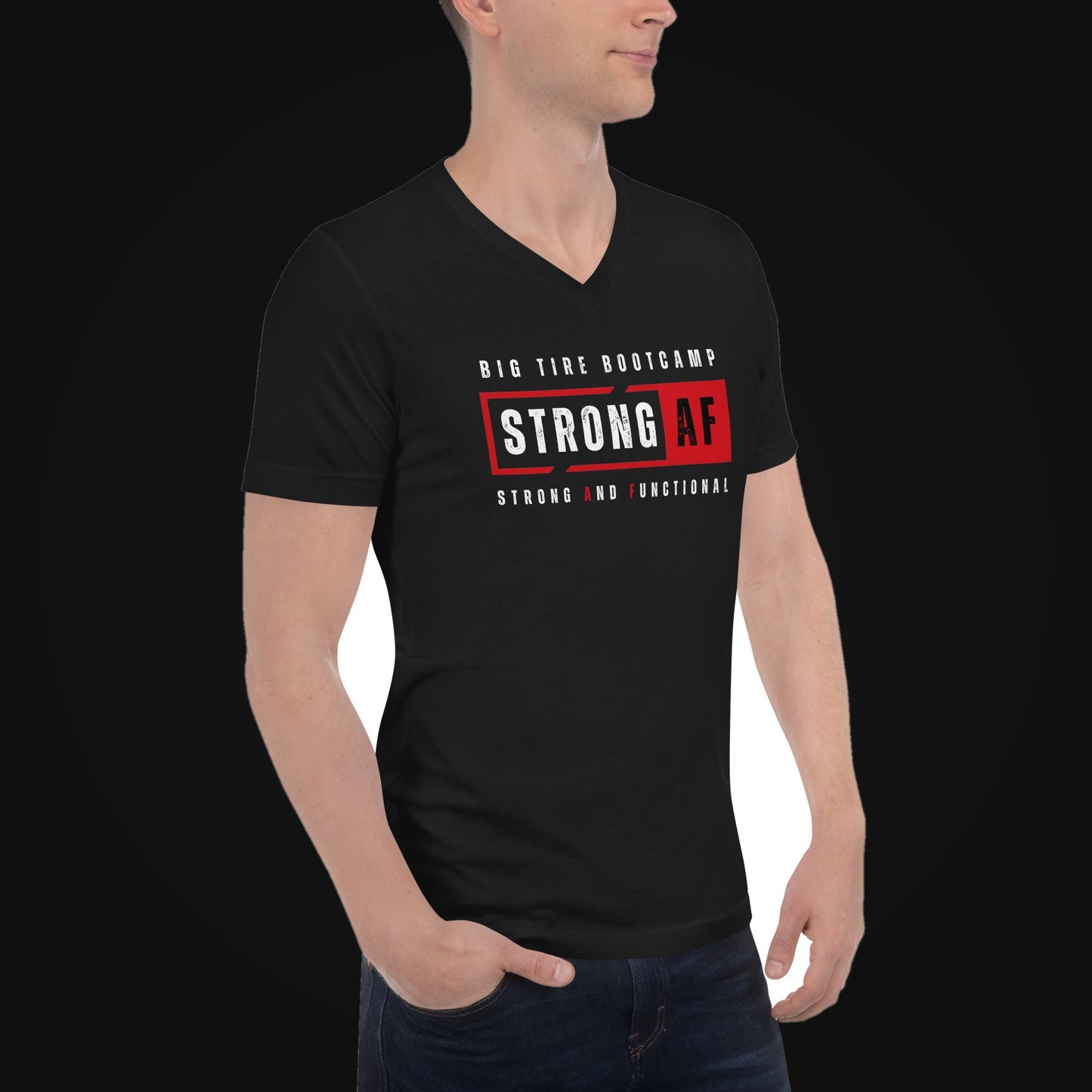 Strong AF Unisex V-Neck Coach Tee on dark