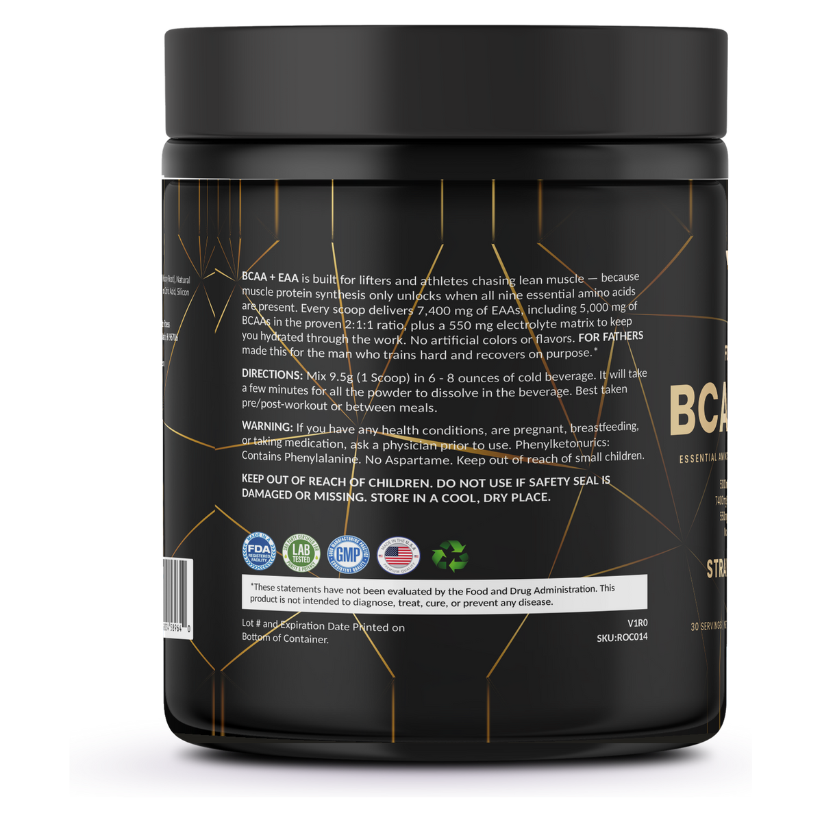 For Fathers BCAA + EAA Strawberry Candy — left label panel (directions)