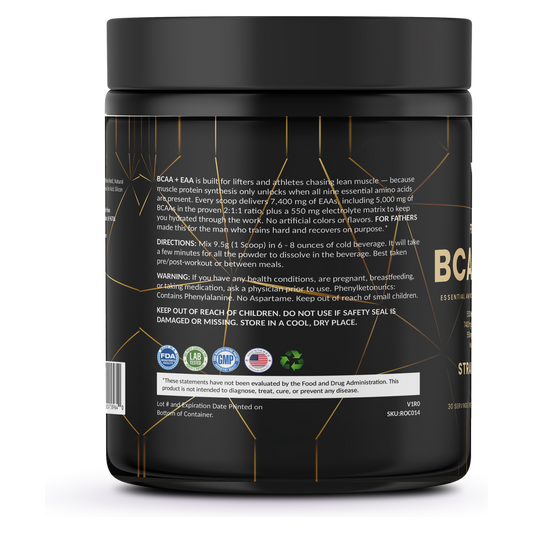 For Fathers BCAA + EAA Strawberry Candy — left label panel (directions)