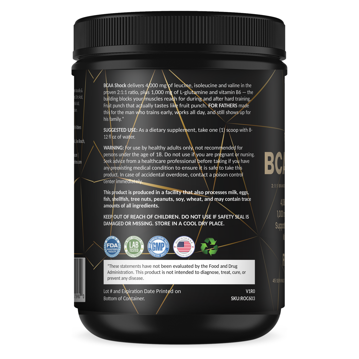 BCAA Shock Fruit Punch 45 servings – left label panel – For Fathers Fitness