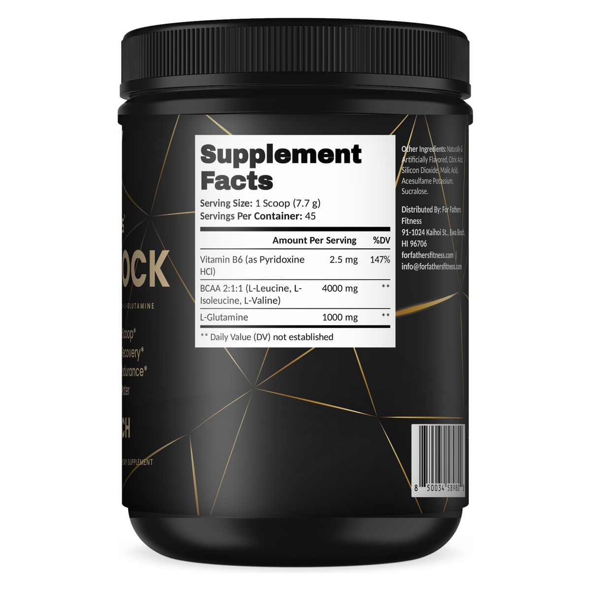 BCAA Shock Fruit Punch 45 servings – Supplement Facts view – For Fathers Fitness
