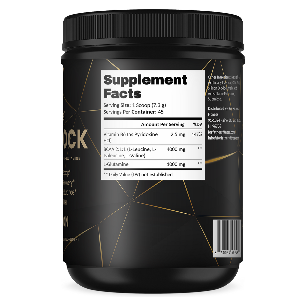 BCAA Shock Watermelon 45 servings – Supplement Facts view – For Fathers Fitness