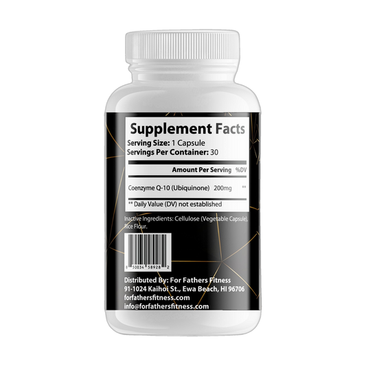 CoQ10 Ubiquinone 200mg 30 capsules – Supplement Facts view – For Fathers Fitness