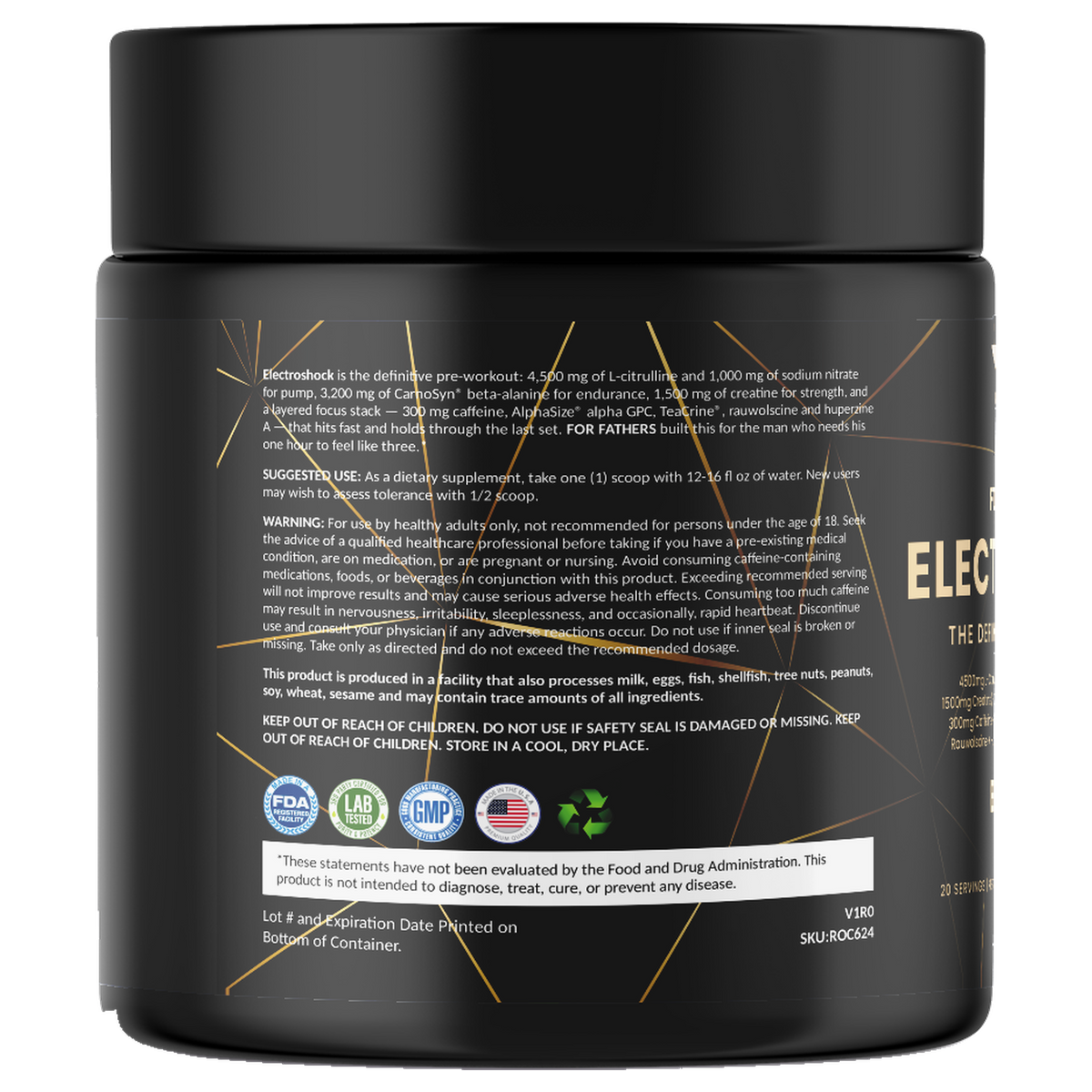 Electroshock Pre-Workout Blue Razz 20 servings – left label panel – For Fathers Fitness