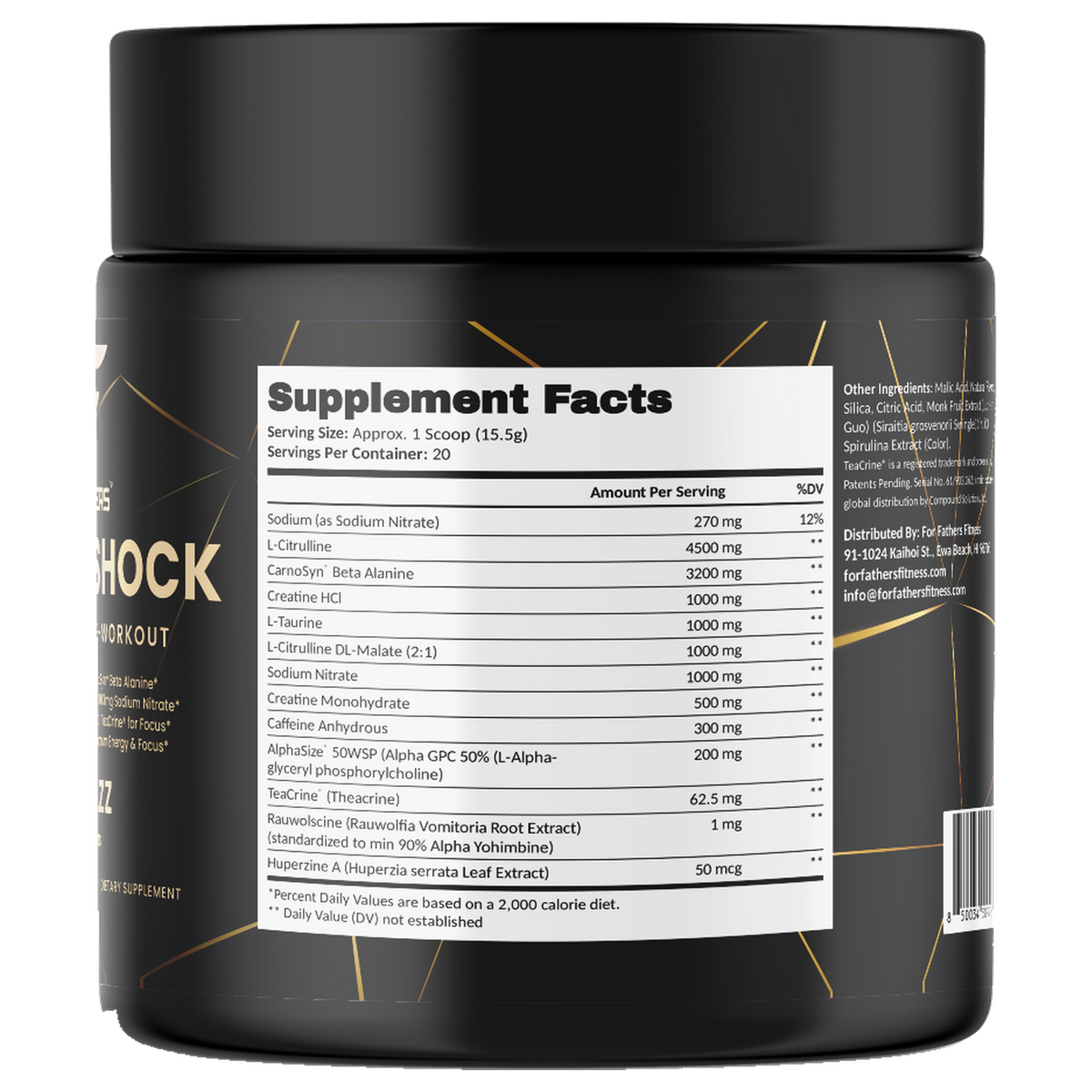 Electroshock Pre-Workout Blue Razz 20 servings – Supplement Facts view – For Fathers Fitness