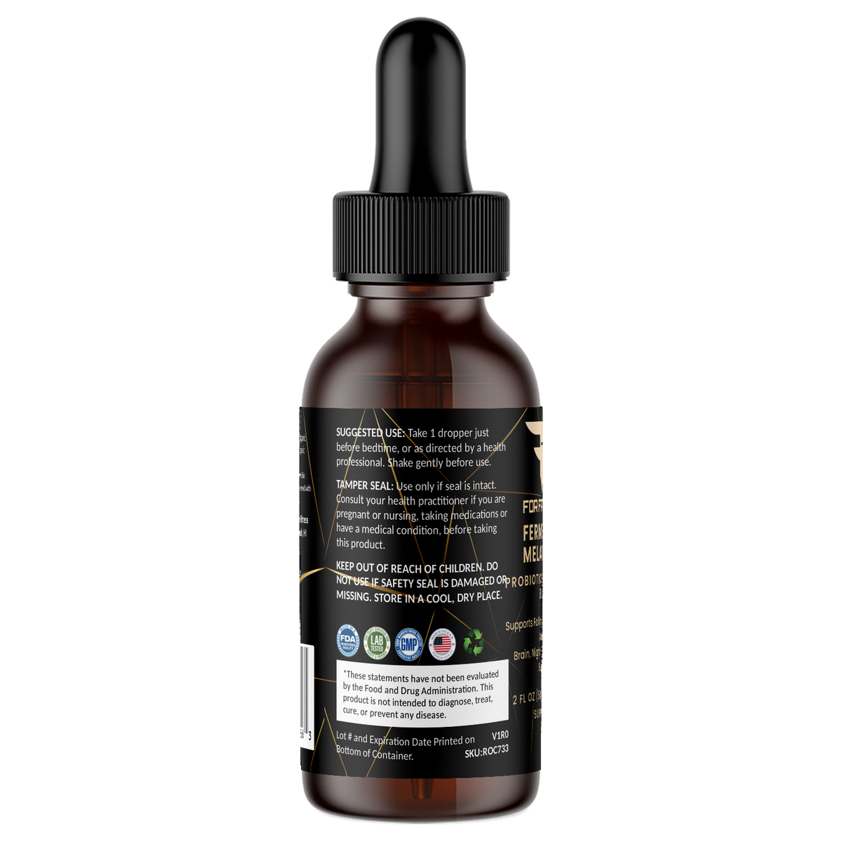 Fermented Melatonin 2 fl oz (54 ml) – left label panel – For Fathers Fitness