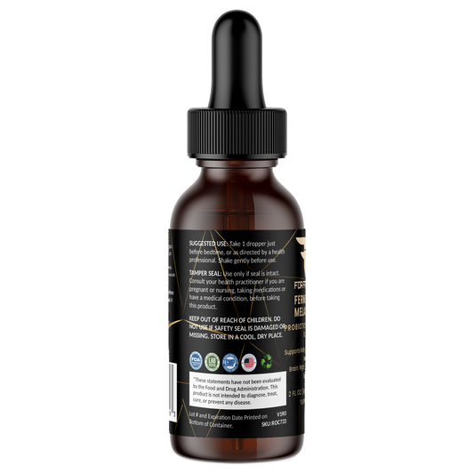 Fermented Melatonin 2 fl oz (54 ml) – left label panel – For Fathers Fitness