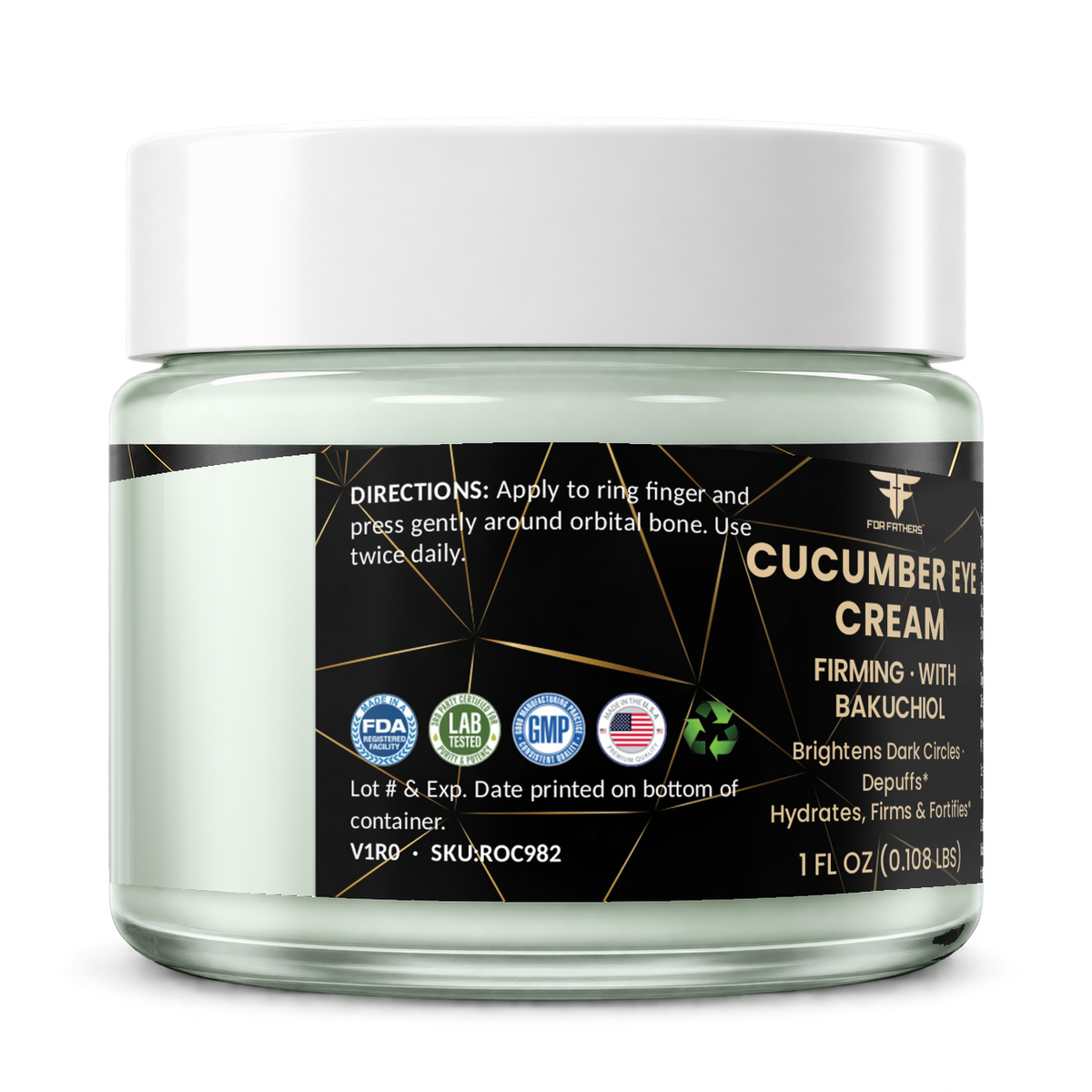 For Fathers Firming Cucumber Eye Cream with Bakuchiol, 1 fl oz jar — left view, directions panel